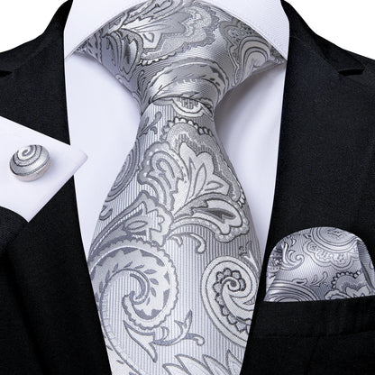 DiBanGu Mens Necktie Silver Gray Striped Design Silk Wedding Tie For Men Tie Hanky Cufflink Tie Set Business Party Dropshipping MJ-7244