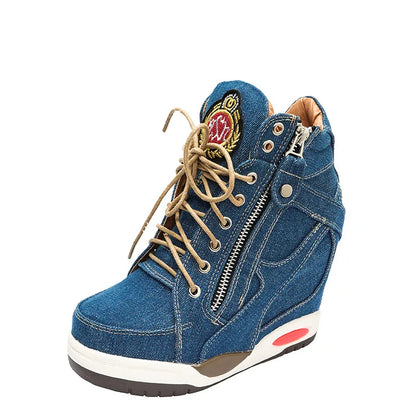 Women's Denim Wedge High-Top Sneakers | Fashion Platform Shoes with Zipper | Thick Bottom Casual Vulcanized Shoes | Big Size 41 Denim Blue