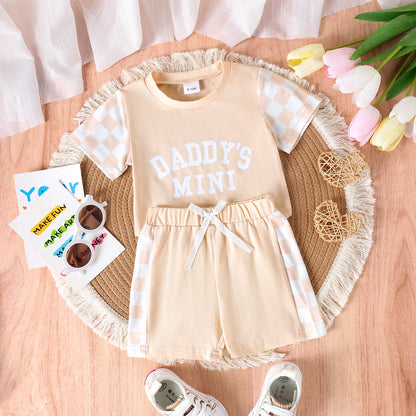 2PCS Summer 0-4 Years Old Cute Fashion Trend Baby Girls Universal Comfortable Soft Daddys Mini Letter Multicolor Plaid Set Khaki