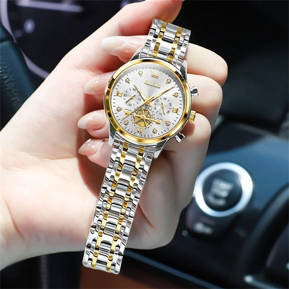 OLEVS Women's Elegant Fashion Quartz Watch | Multifunction Chronograph, Waterproof, Luminous Wristwatch Gold White CHINA