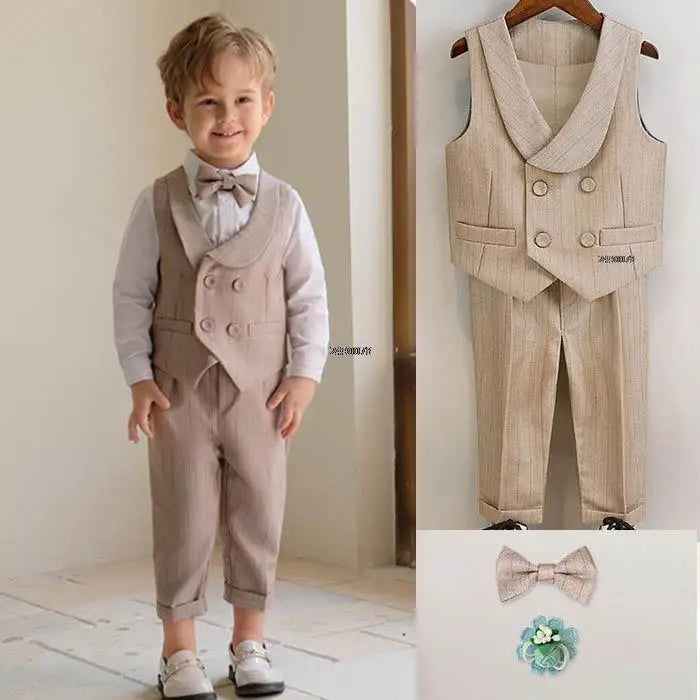 Children's Luxurious Khaki Photography Suit | Boys Formal Ceremony Costume for Birthdays, Weddings, and Performances VEST PANTS