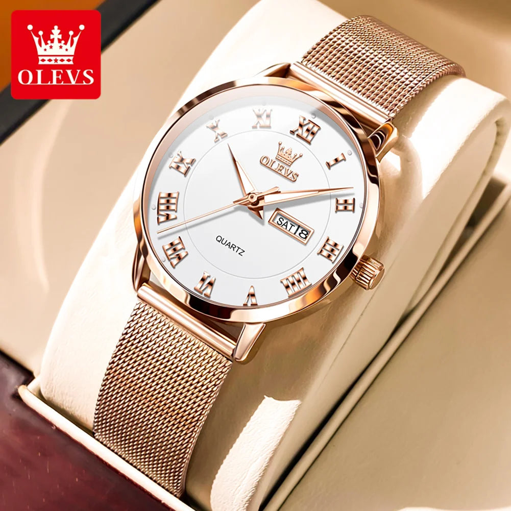 OLEVS Luxury Women's Quartz Watch | Week Calendar, Waterproof, Luminous, Milanese Mesh Belt white CHINA