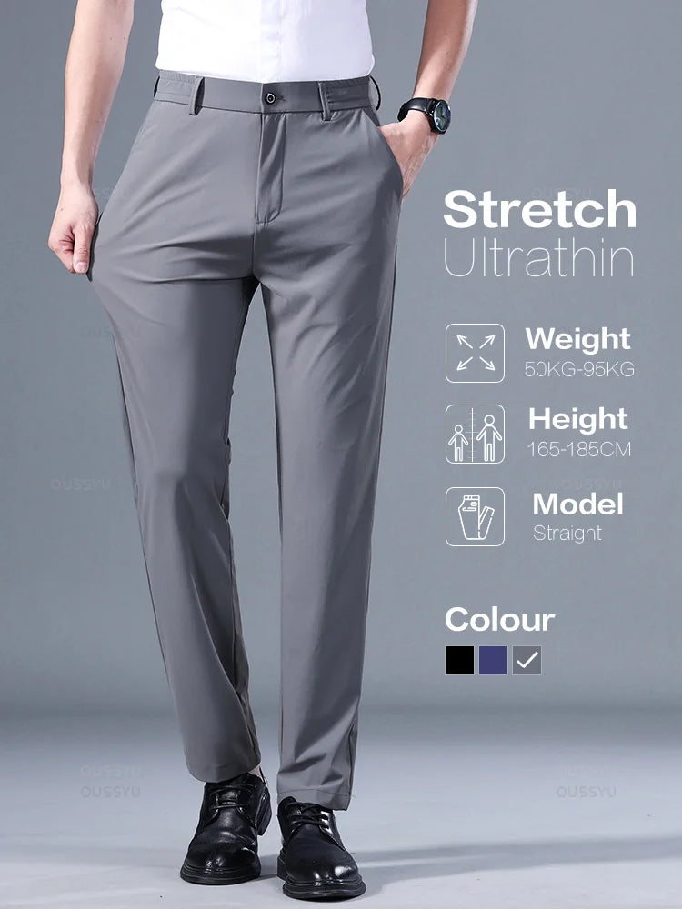 Men's Summer Stretch Suit Pants - Elastic Waist, Thin, Casual, Available in Black, Gray, Blue