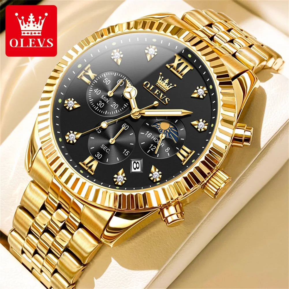 OLEVS 2932 Men's Luxury Lunar Phase Waterproof Chronograph Quartz Watch Gold Black United States