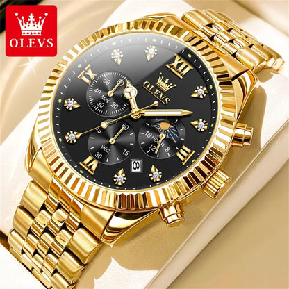 OLEVS 2932 Men's Luxury Lunar Phase Waterproof Chronograph Quartz Watch Gold Black United States