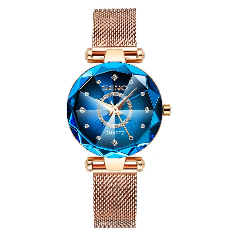 SENO Ocean Star Women Crystal Watch 2024 Top Brand Luxury Rose Gold Women Bracelet Watch for Ladies Wrist Watch Relogio Feminino mesh blue