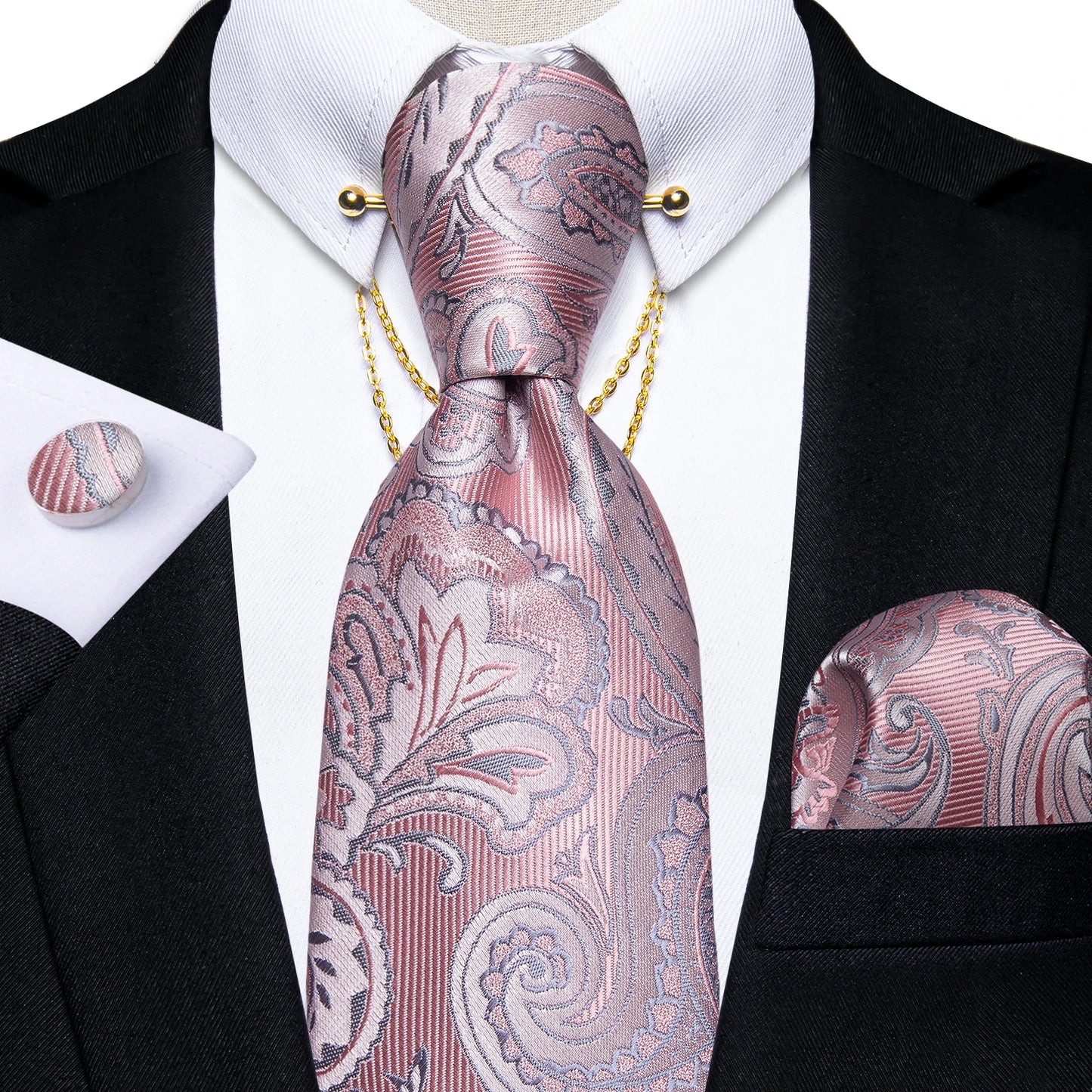 Luxury Black Gold Paisley Silk Ties For Men 8cm Men's Wedding Neck Tie Pocket Square Cufflinks Set Collar Pin Men's Gift 7187-CP2001