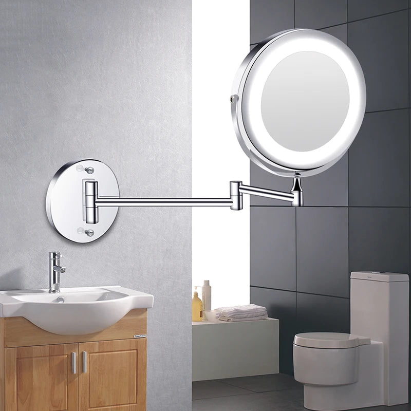 Wall Mounted Folding Arm Extend Bathroom Mirror With LED Light 10X Magnification Double Side Touch Dimming Makeup Mirrors