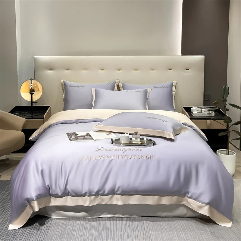 Fashion silk bed cover set for all seasons, queen size. Purple White 200*230cm