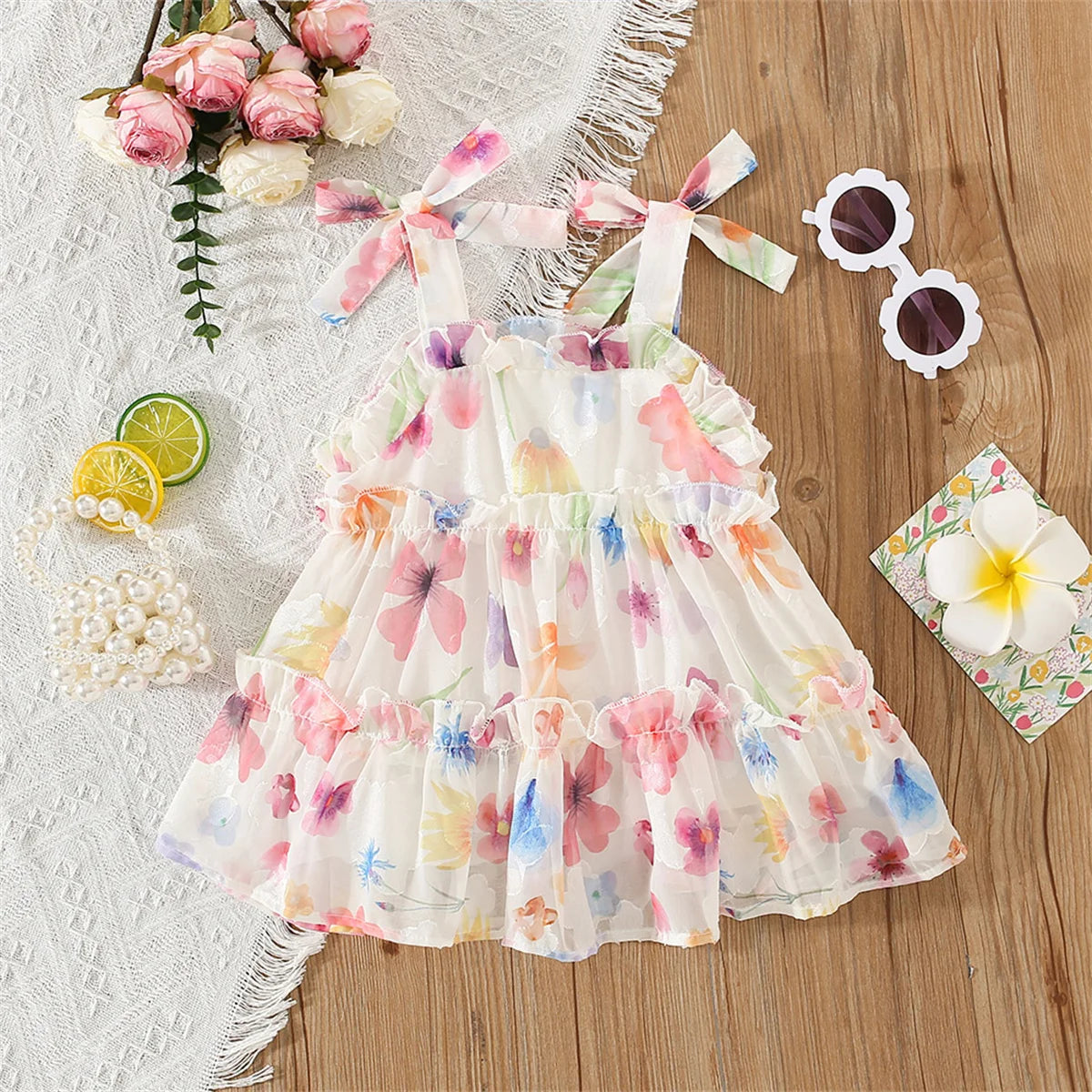 Summer Girls' Dress Strap Chiffon Cool Beach Skirt Beautiful Fragmented Flower Ladies Fashion Bow Sleeveless Skirt