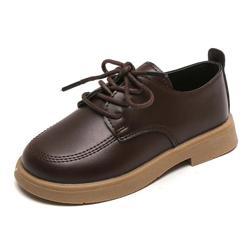 Children's British Style Leather Shoes - Lace-Up Low Heel Loafers for Boys and Girls Dark Brown