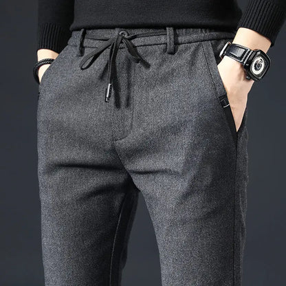 Plus Fleece Thicken Men's Casual Sport Pants Streetwear Fashion Autumn Winter New Male Clothing New Solid Full Straight Trousers YB16 Grey Thin