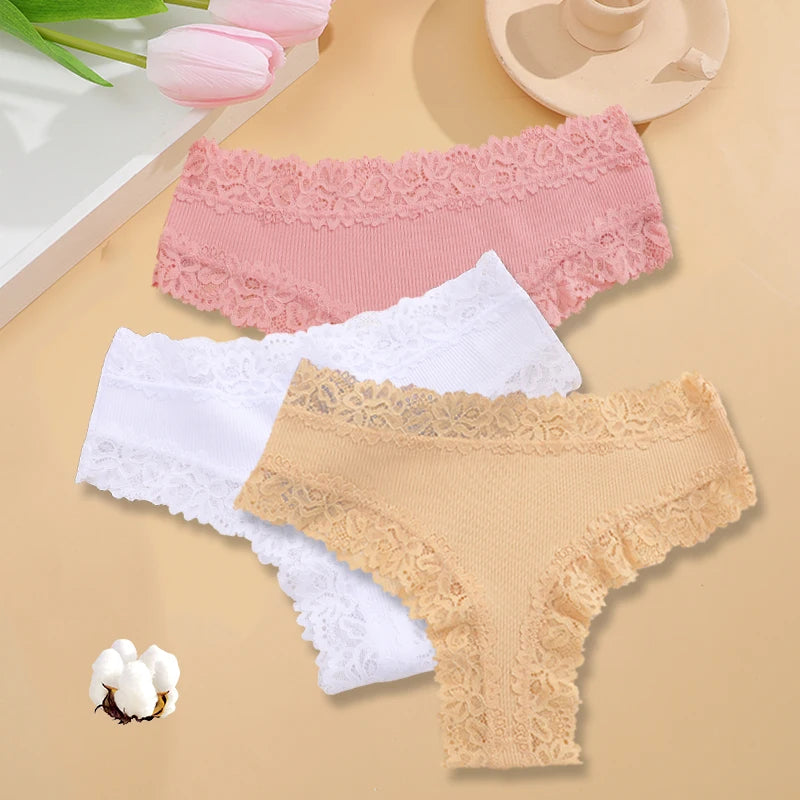 3PCS/Set Women Cotton Seamless Panties Sexy Lace Brazilian Panties Low Rise Soft Breathable Lingerie for Female G-String Briefs Set 16 3pcs