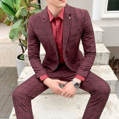 Men's British Style Business Suit (Blazer + Pants) | Smart Casual Wedding & Work Outfit | Elegant Gentleman Suit M-5XL red 1909