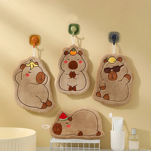 Cute Capybara Cartoon Hand Towel – Quick-Drying Coral Fleece Hanging Towel for Kitchen & Bathroom, Soft Face Washcloth