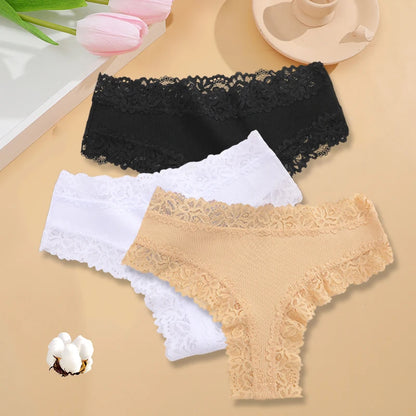 3PCS/Set Women Cotton Seamless Panties Sexy Lace Brazilian Panties Low Rise Soft Breathable Lingerie for Female G-String Briefs Set 9 3pcs