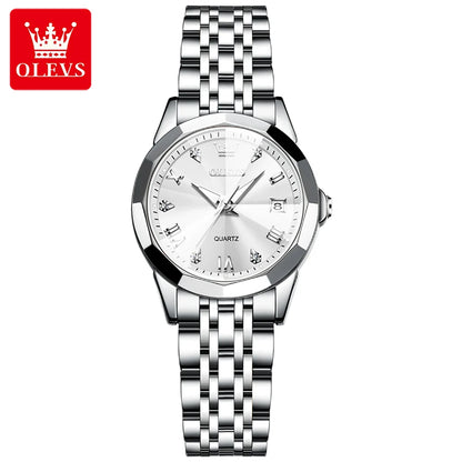 OLEVS 9931 Women’s Elegant Quartz Wristwatch | Stainless Steel Strap, Rhombus Mirror, Waterproof & Luminous Ladies Watch Full White CN