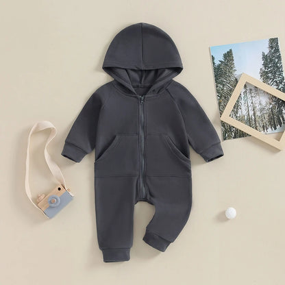 2023-10-04 Lioraitiin 0-18M Newborn Baby Boy Infant Romper Boho Long Sleeve Hooded Jumpsuit Outfits Solid Color Warm Sweatshirts