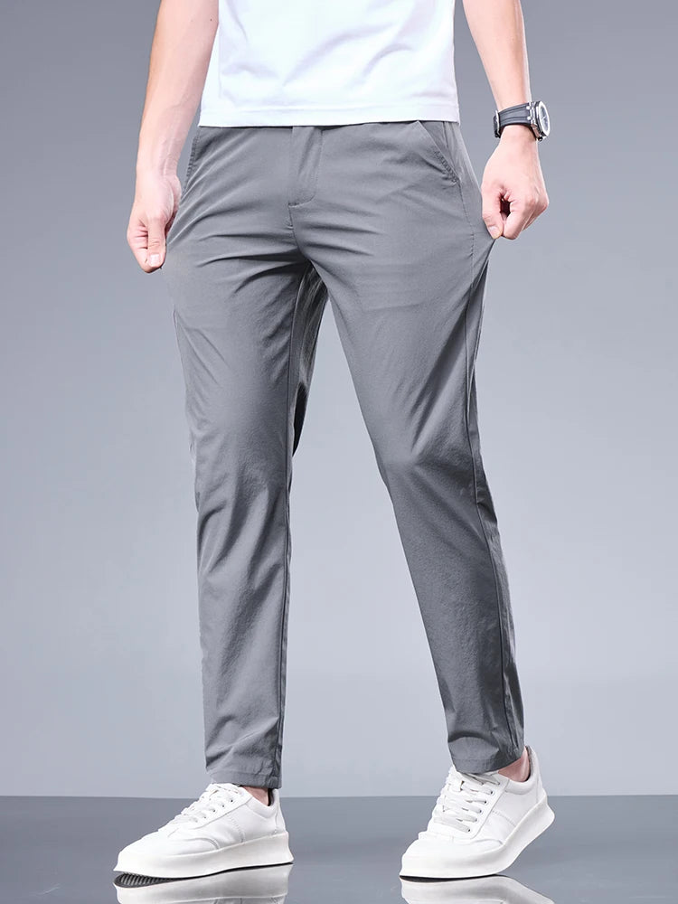 Summer New Business Ice Silk Pants Straight Elastic Waist Black Gray Trousers Breathable Simple Male Clothing Casual Suit Pants GRAY