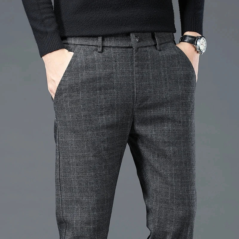 Spring Autumn Korea Business Men Pants Cotton Comfortable Elastic Plaid Casual Fashion Trousers Male Suit Pant