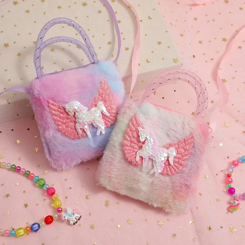 Unicorn Cartoon Plush Shoulder Bag for Kids Crossbody Bag for Kindergarten Girls Portable Outdoor Small Square Coin Bag Wallet