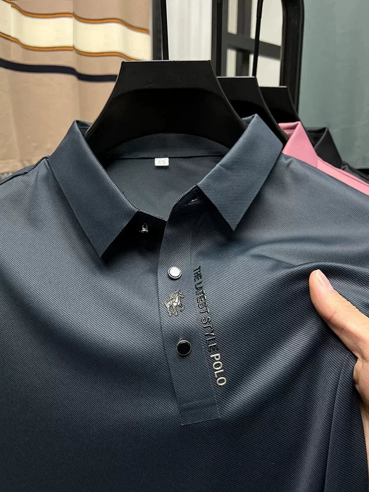 High-end Brand New Summer Solid Color High Quality Short Sleeve Polo Men's Fashion Business Casual Traceless Casual Printing lan