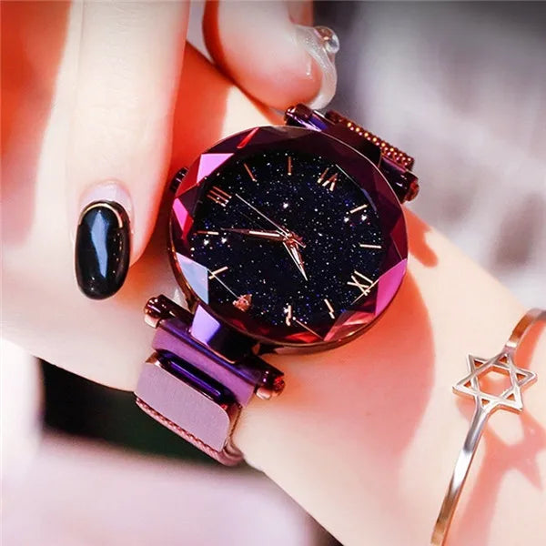 Women's Fashion Starry Sky Watch | Diamond Quartz Dress Watch with Magnet Buckle Mesh Belt Purple