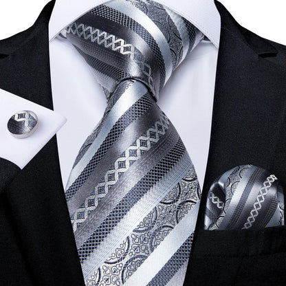 DiBanGu Mens Necktie Silver Gray Striped Design Silk Wedding Tie For Men Tie Hanky Cufflink Tie Set Business Party Dropshipping MJ-0589