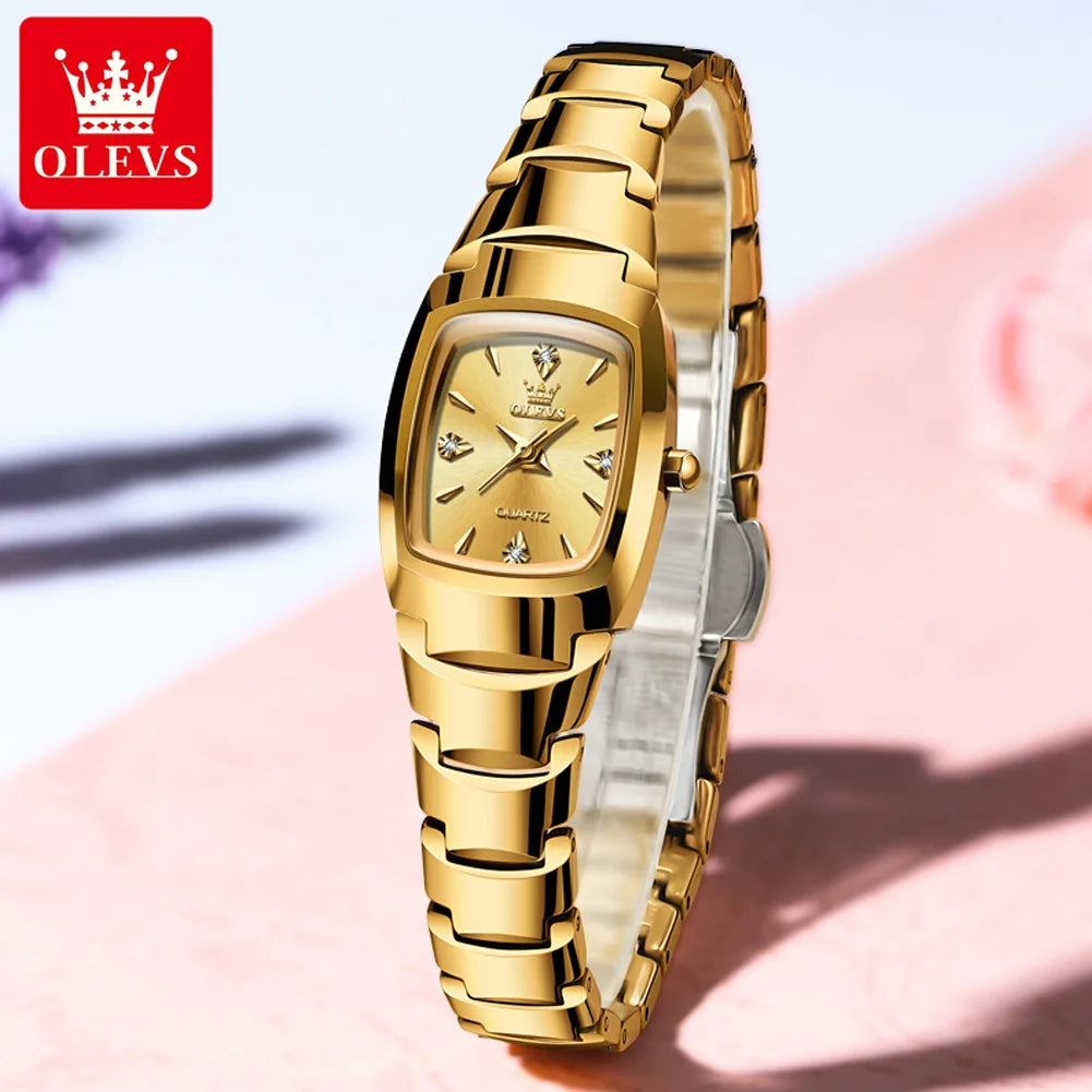 OLEVS Tonneau Tungsten Steel Women's Watch | Luxury Gold Quartz Watch, Waterproof, Luminous Hands