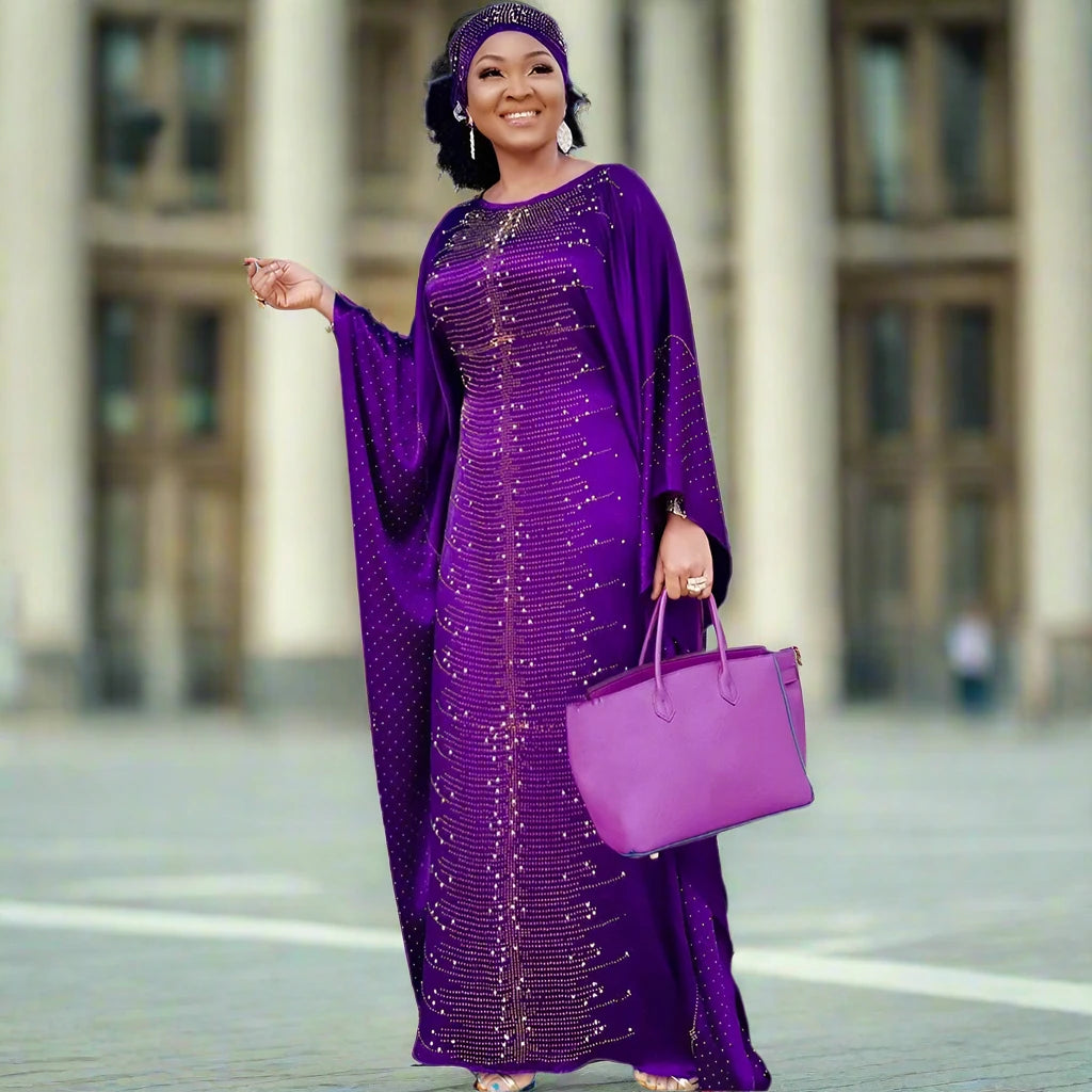 African Dresses for Women Muslim Fashion Abayas Boubou Dashiki Traditional Africa Clothes Ankara Outfit Evening Gown and Headtie PURPLE One Size