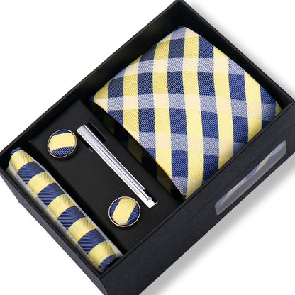 100% Silk Ties Gift Box Set – Designer Jacquard Necktie, Hanky, Cufflink, and Tie Clip for Men B52