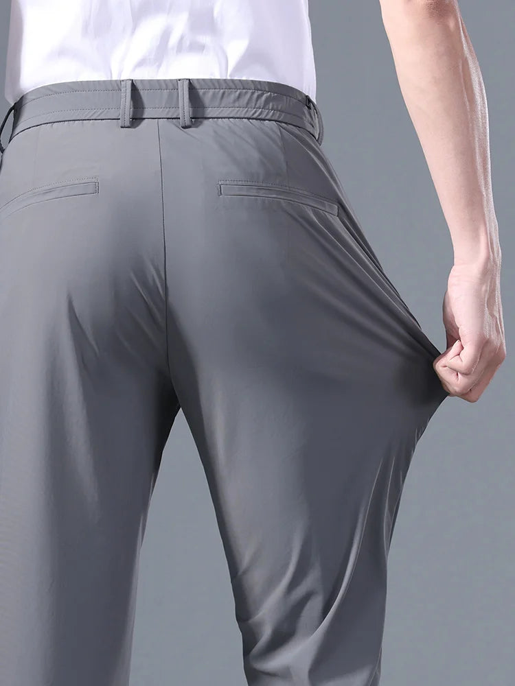 Men's Summer Stretch Suit Pants - Elastic Waist, Thin, Casual, Available in Black, Gray, Blue