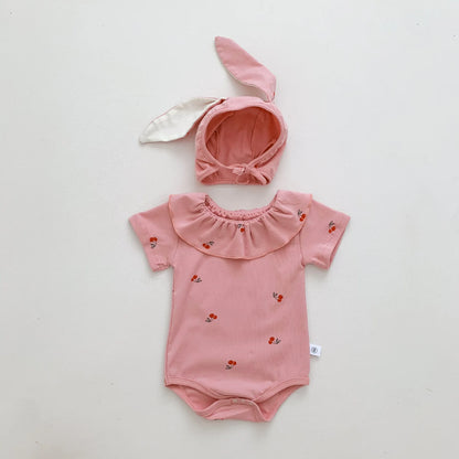 New In Summer Infant Newborn Girls Short Sleeve Cherry Print Outfits Jumpsuits Kids Baby Cotton Clothing Bodysuits Gift Hat Pink