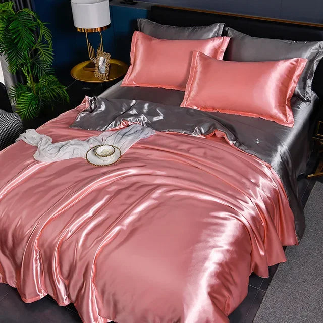 100% Mulberry Silk Bed Set Queen King Duvet Cover Fitted Sheet Pillowcase Luxury Sets rose gold silver