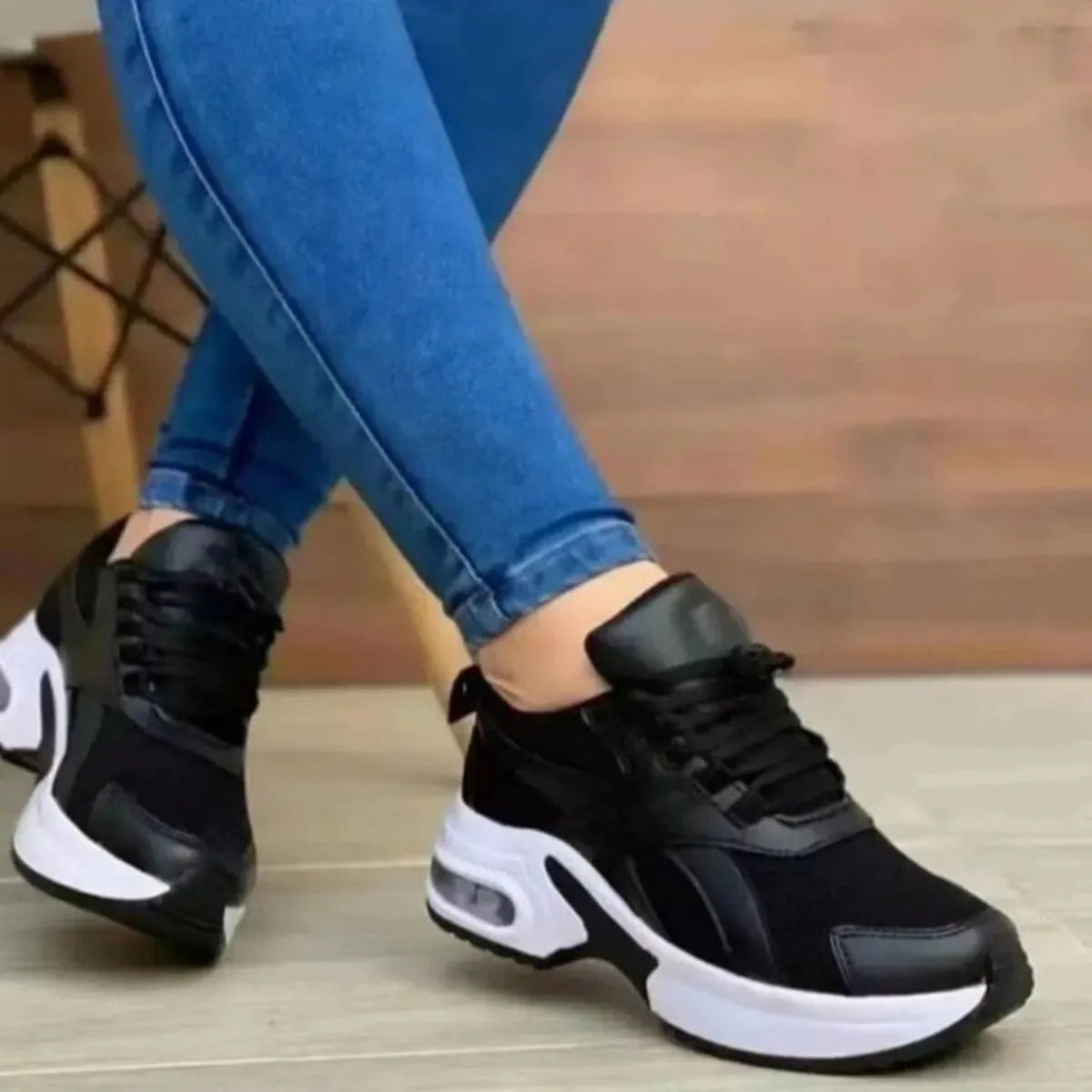 2023 Women's Fashion Wedge Sneakers | Thick Bottom Casual Lace-Up Shoes | Plus Size Mesh Vulcanized Shoes black