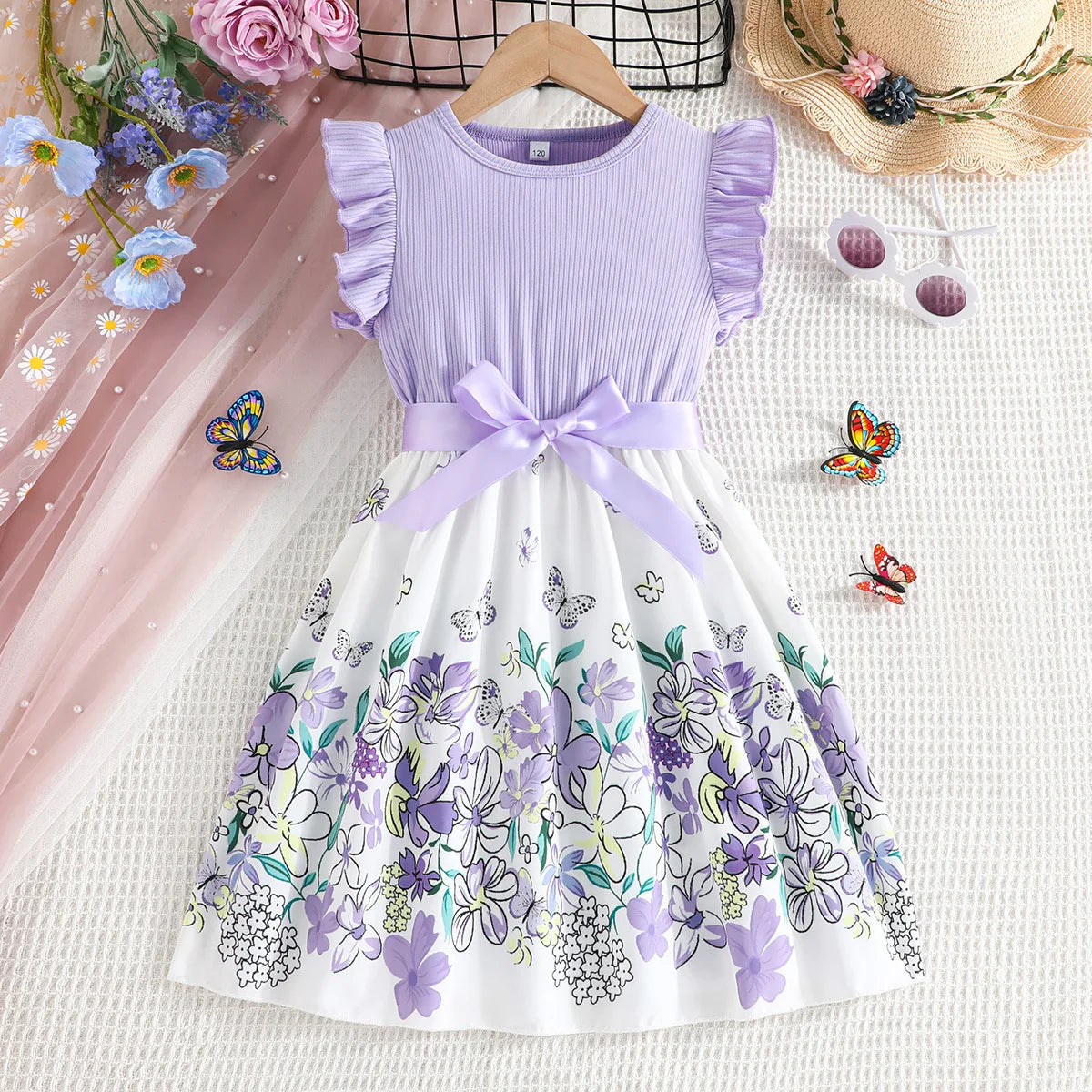 Summer Girls Floral Patchwork Dress | Fashionable Kids Ruffle Sleeveless Princess Dress with Belt Style 03