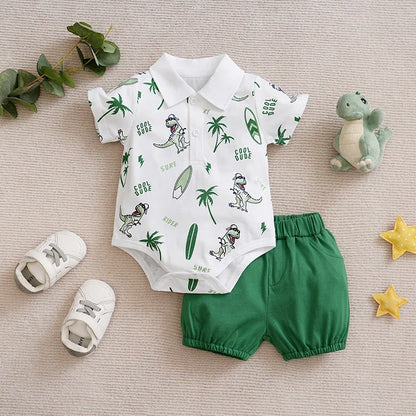 Newborn Baby boys Clothes Set Fashion Summer Toddler Outfit dinosaur print pants All cotton short sleeve Newborn Infant Clothing Green