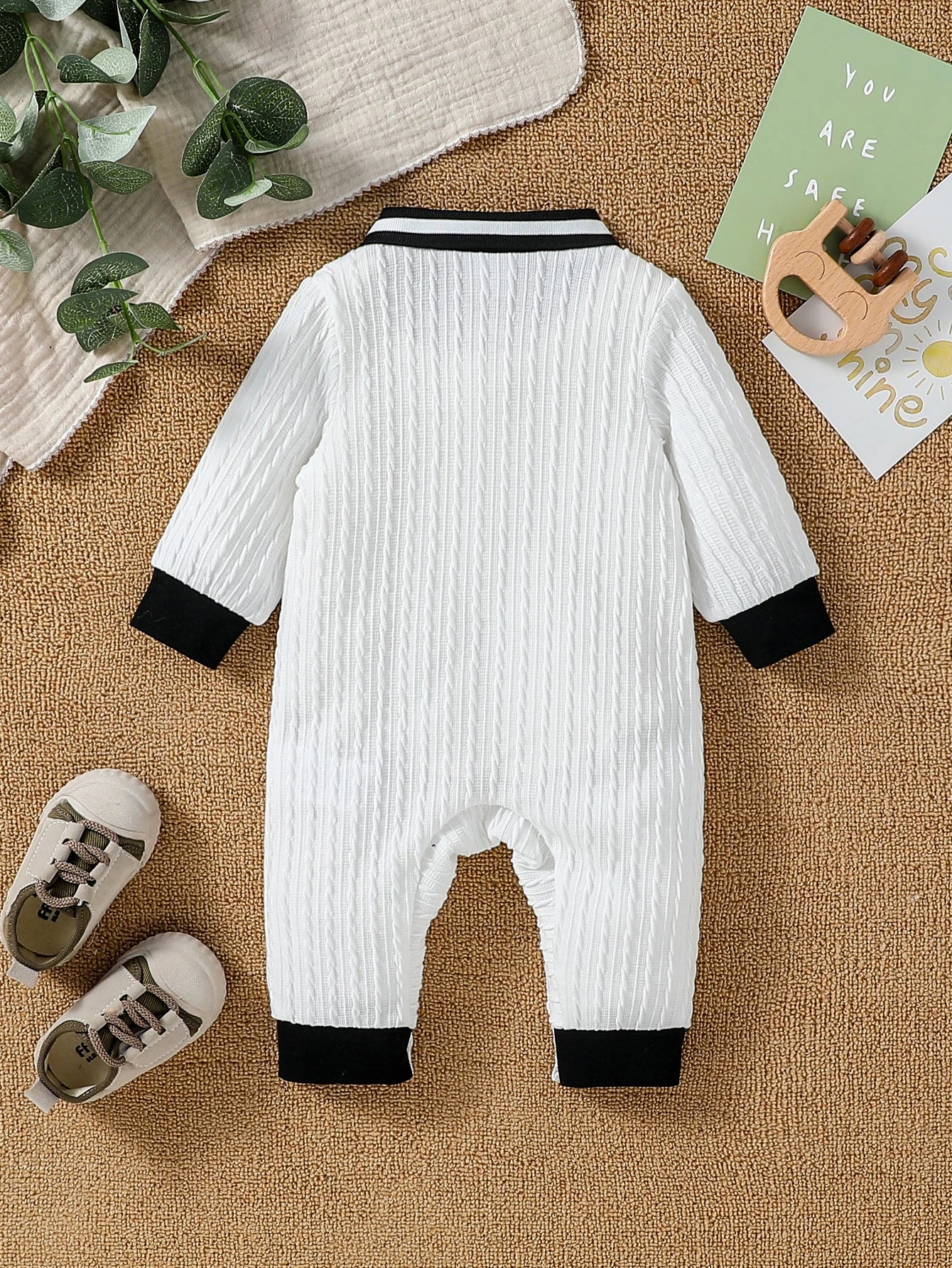 Baby Boys Autumn Solid WhiteTurn-down Collar Casual Daily Jumpsuit With Button For Newborn-18M Clothing Wear