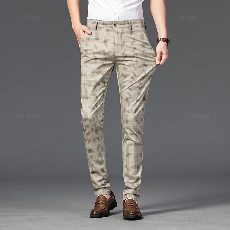 Brand Men's Stripe Plaid Casual Pants Men Four Seasons High Quality Business Trousers Men's Slim Dark gray Straight Pant