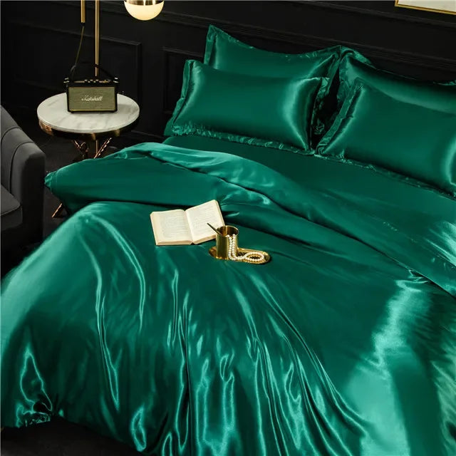 100% Mulberry Silk Bed Set Queen King Duvet Cover Fitted Sheet Pillowcase Luxury Sets green Fitted Bed Sheet Queen size 4pcs