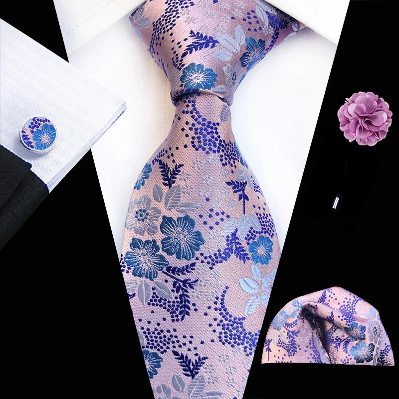 Floral Pink Silk Tie Set for Men – Wedding & Party Neck Tie with Handkerchief, Brooch, and Cufflinks TZ-MF15