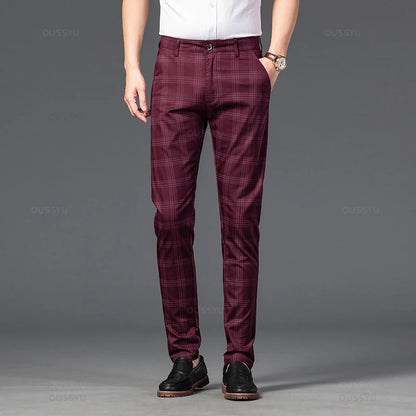 Brand Men's Stripe Plaid Casual Pants Men Four Seasons High Quality Business Trousers Men's Slim Dark gray Straight Pant Red wine