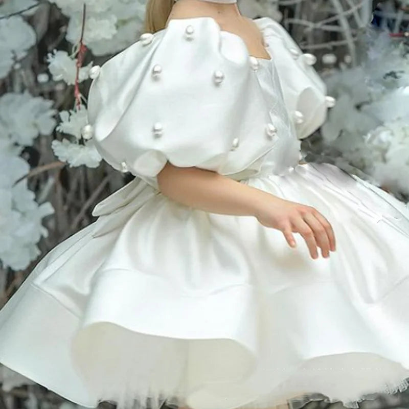 2023 Elegant Retro Princess Dress for Baby Girls | Fashion Puff Sleeve Birthday & Party Dress with Pearls WHITE