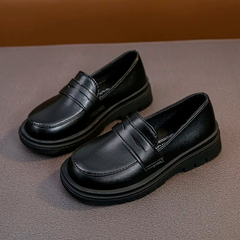 2023 Spring & Autumn Boys and Girls Leather Shoes - Black Casual Britain Style Slip-on Loafers for School and Performance