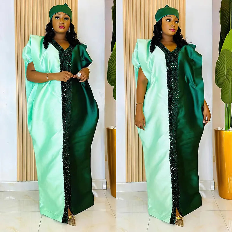 African Dresses for Women Traditional Africa Clothing Dashiki Ankara Outfits Gown Abayas Robe Muslim Kaftan Maxi Long Dress 2024 green One Size