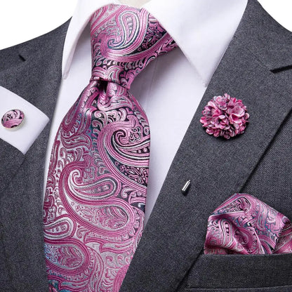 Paisley Pink Necktie With Brooch Silk Elegent Wedding Tie For Men Handky Cufflink Fashion Business Party Hi-Tie Designer N-1571-XH-0072