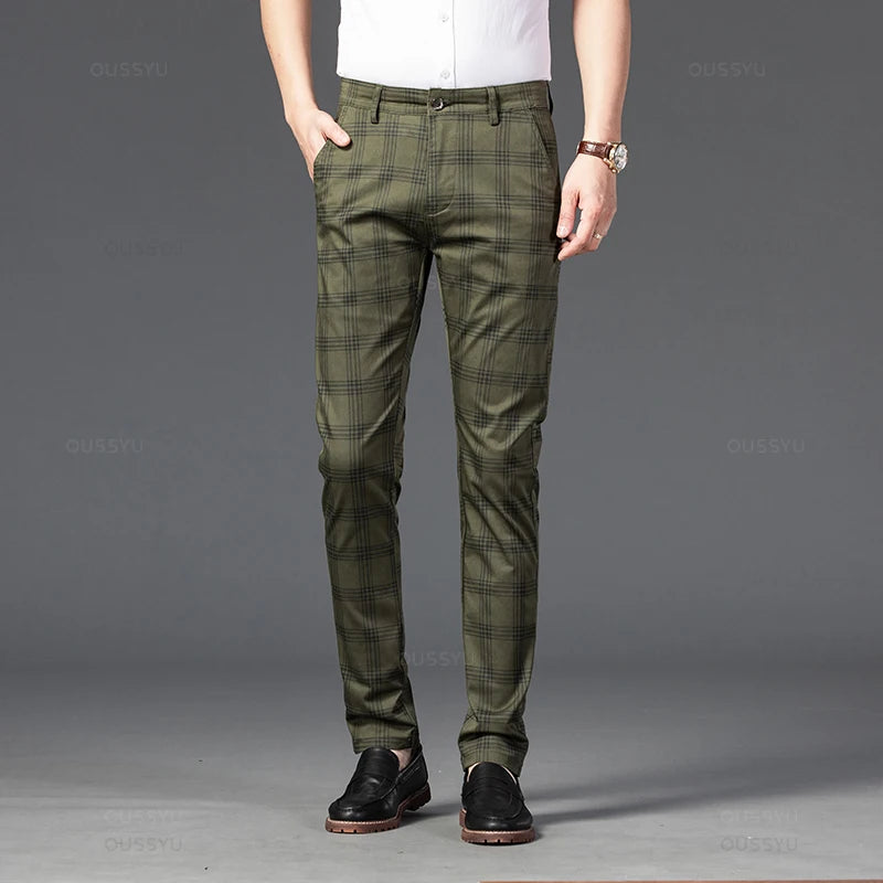 Brand Men's Stripe Plaid Casual Pants Men Four Seasons High Quality Business Trousers Men's Slim Dark gray Straight Pant ArmyGreen