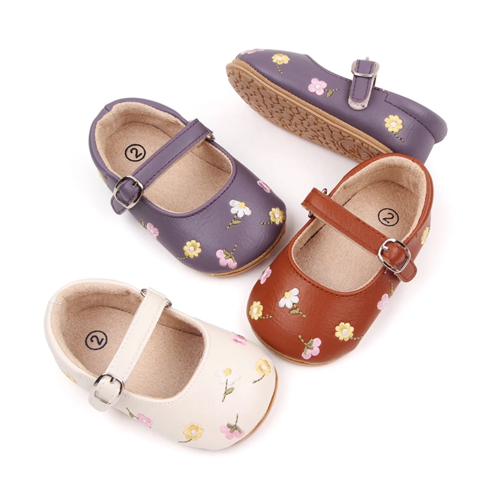 Baby Girls Mary Jane Flats PU Leather Infant Dress Shoes Floral Embroidery Princess Shoes 0-18M