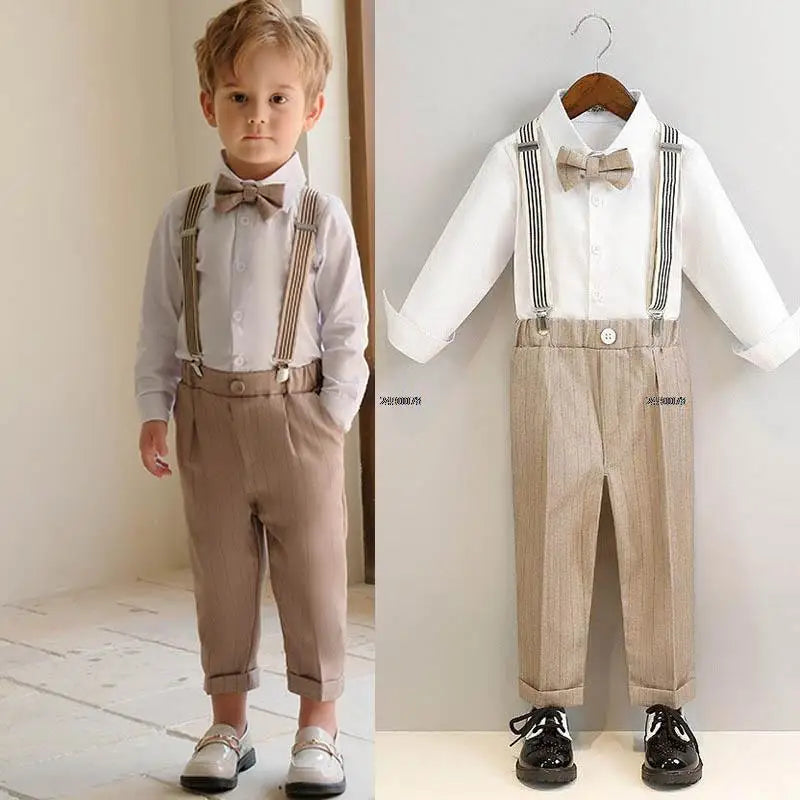 Children's Luxurious Khaki Photography Suit | Boys Formal Ceremony Costume for Birthdays, Weddings, and Performances LONG SHIRT PANTS