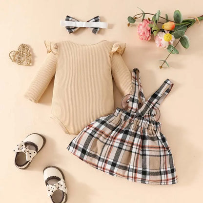 Newborn Baby Set Baby Girl 3-Piece 0 To 18 Months Long Sleeve Onesies Bear Plaid Skirt Outfits Autumn Baby Girl Clothes Romperbo